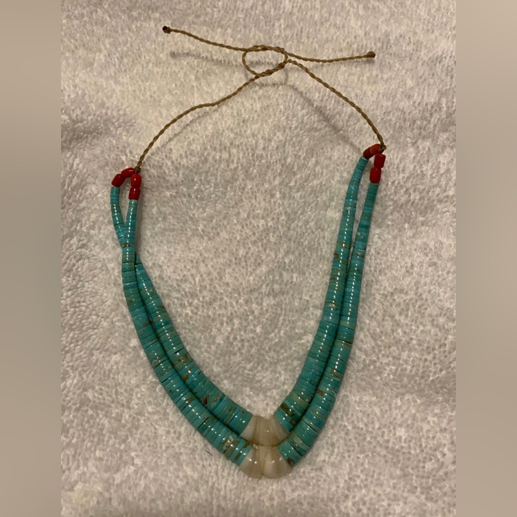 #J918 Double Jacla Necklace Piece W/Genuine Turquoise, Red Coral & Shell Heishi